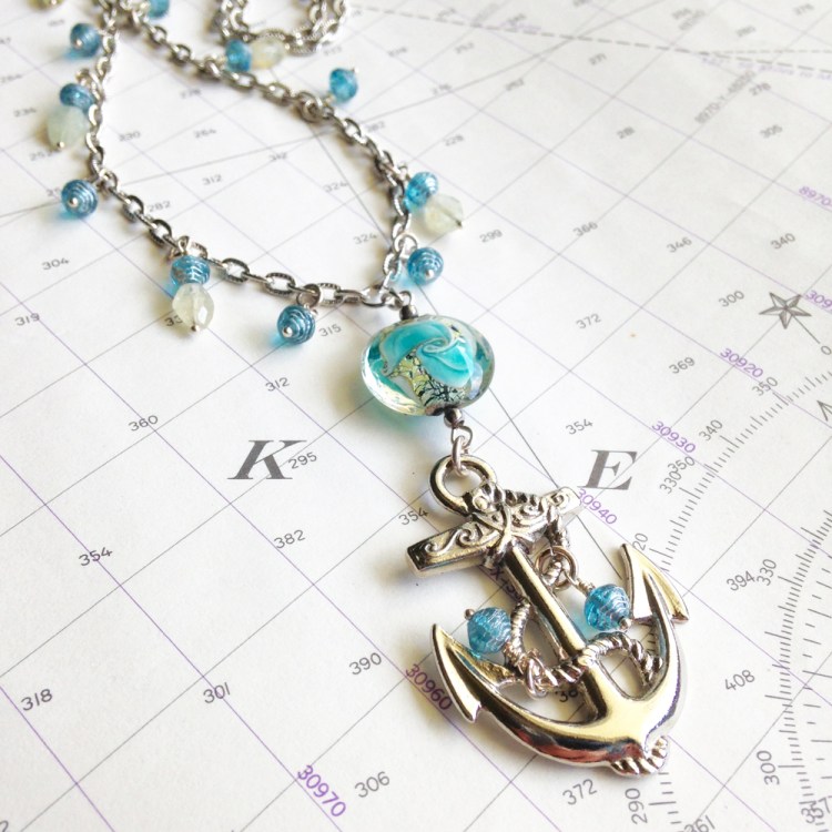 Nautical Anchor Necklace with Aquamarine Birthstones, Tresa MeyerClark, etsyshop