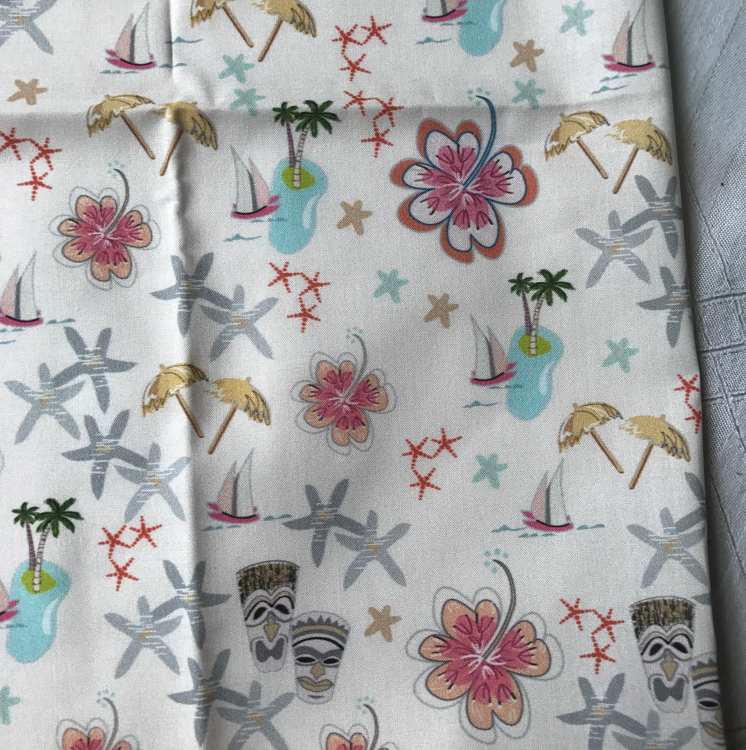 tiki Fabric, sail boat, palm trees, starfish, Hawaiian theme, tiki party, mid-century, tiki illustration, tresa meyer clark, fabric design,