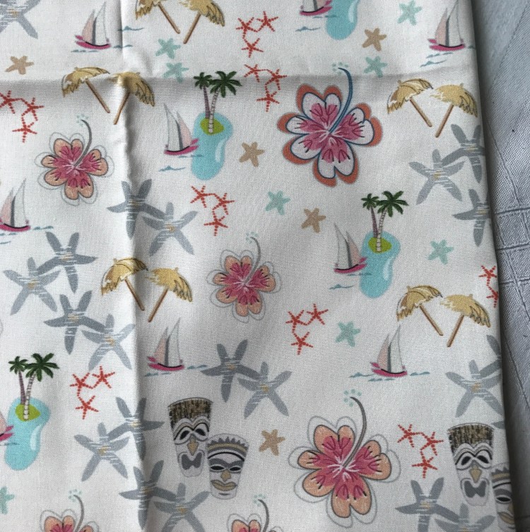 tiki Fabric, sail boat, palm trees, starfish, Hawaiian theme, tiki party, mid-century, tiki illustration, tresa meyer clark, fabric design, 