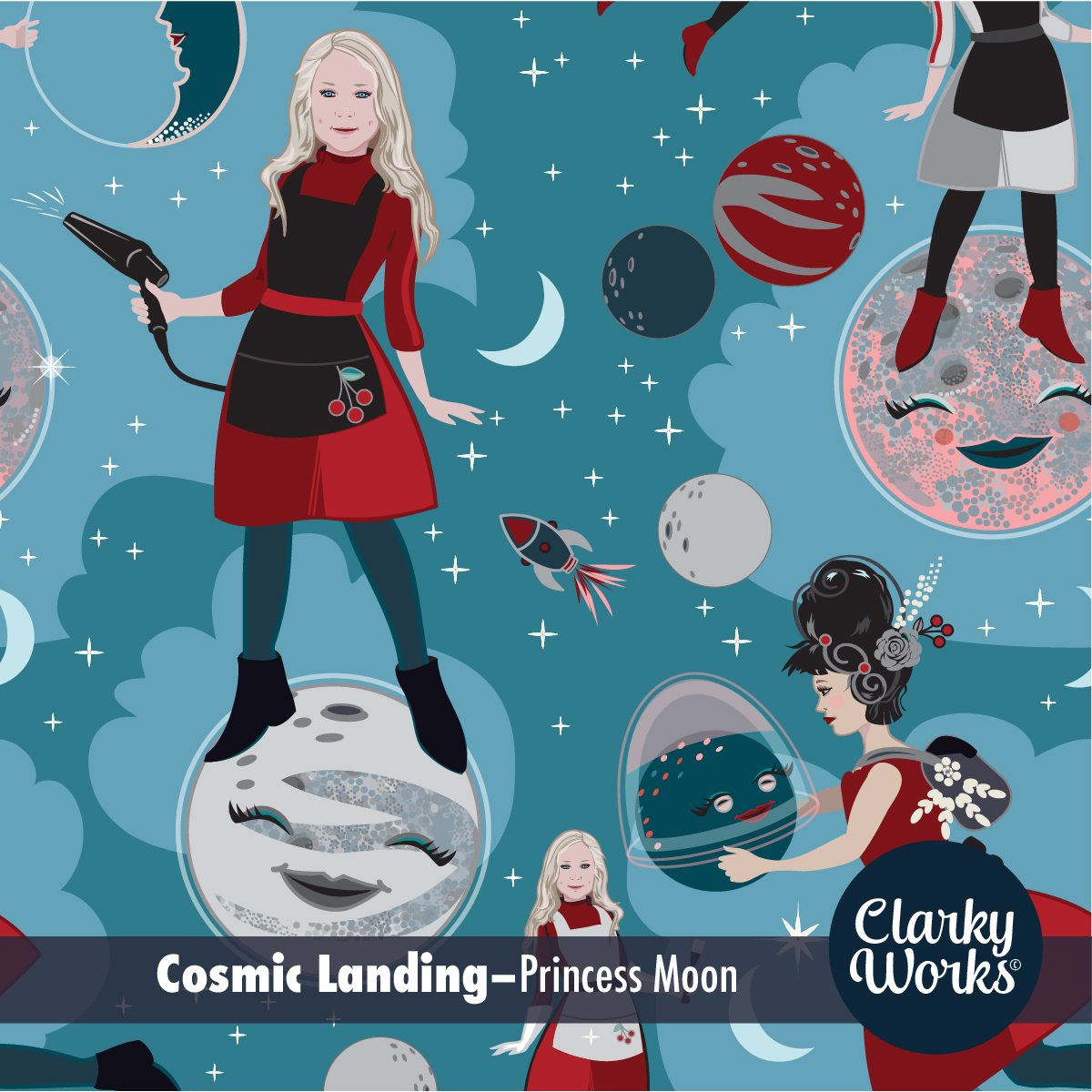 Illustration of whimsical smiling moons and hairdressers.