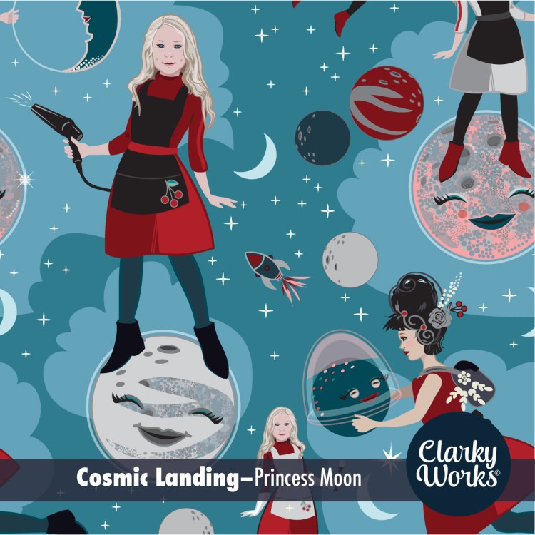 Illustration of whimsical smiling moons and hairdressers.