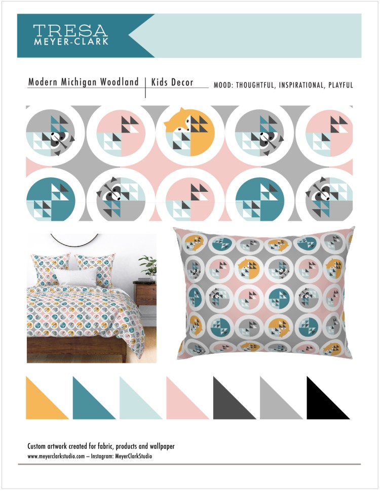 Kids decor, play room, Michigan, Tresa Meyer-Clark, Surface designer in Michigan, Quilt artwork, Modern kids decor, Fabric design, fox, raccoon, bedding, throw pillows, woodland theme